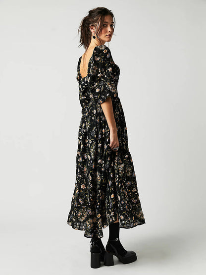 A-Line Dress Floral Ruching Sqaure Neck Three Quarters Daily Casual Midi Dresses