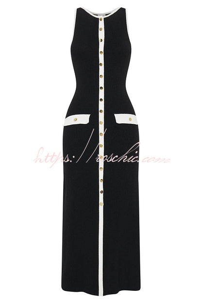 Elegant Slim Fit Crew Neck Buttoned Sleeveless Knit Midi Dress