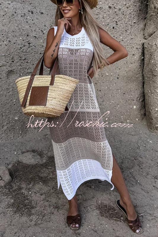Alive and Free Knit Colorblock Hollow Out Slit Beach Midi Dress