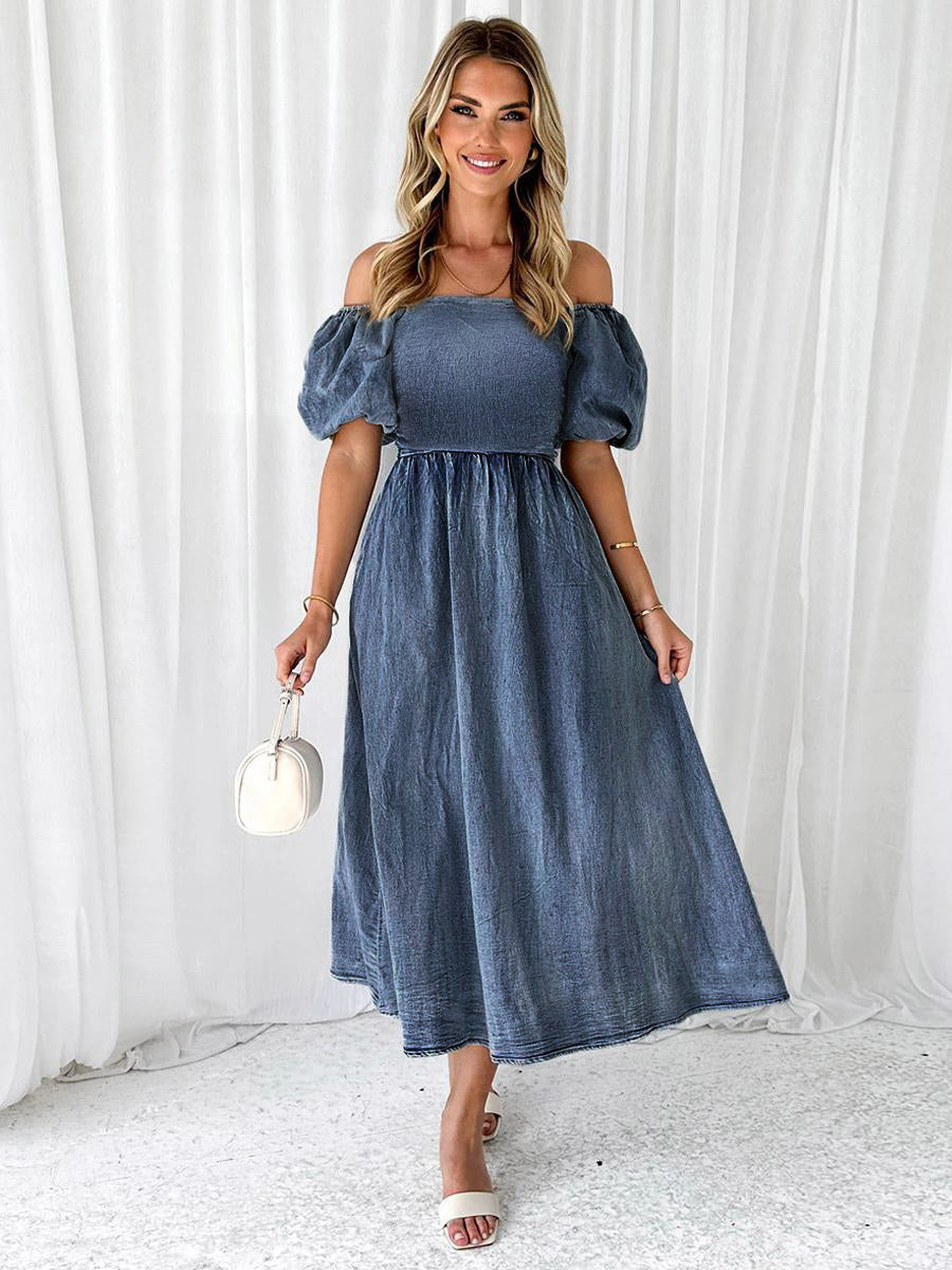 Blue Long Dress Off The Shoulder Pleated Daily Midi Dresses