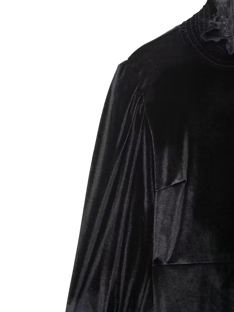Fall Women Clothing Black Dress French Court Puff Sleeve Velvet Mini Dress
