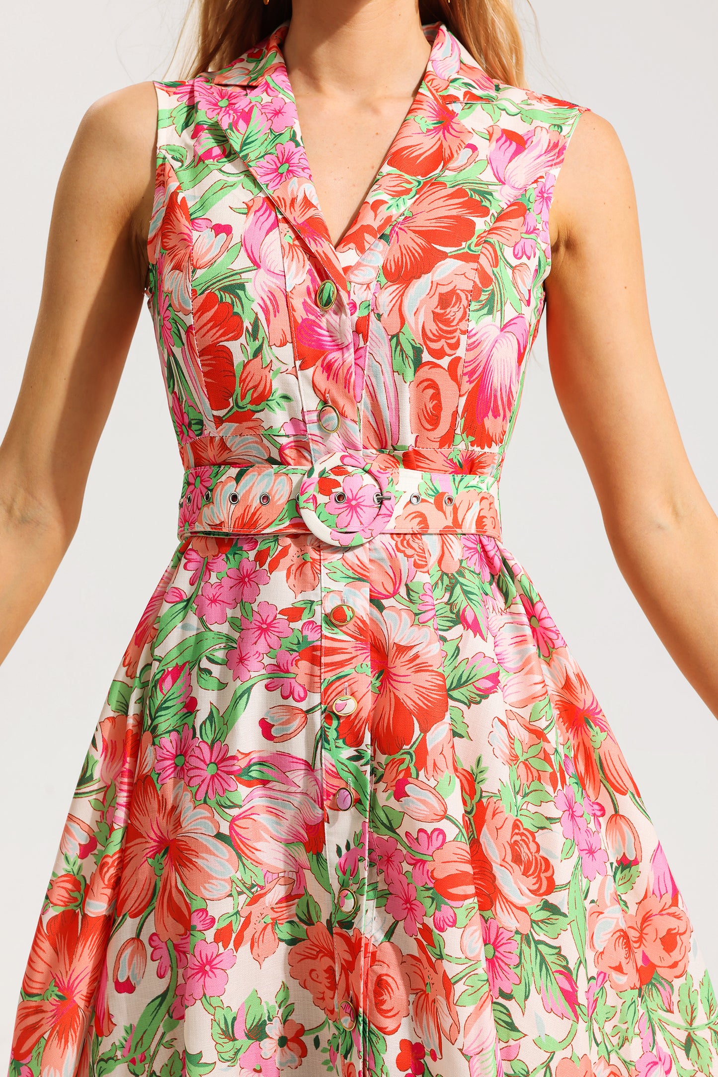 Floral Bottom Sleeveless Midi Dress With Belt