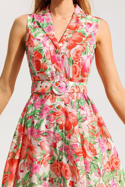 Floral Bottom Sleeveless Midi Dress With Belt