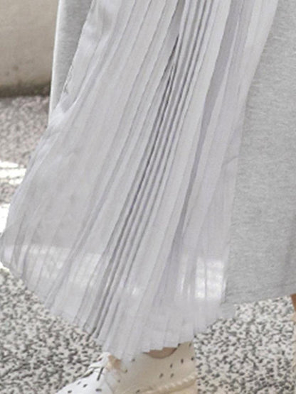 Loose Short Sleeves Pleated Solid Color Split-Joint Round-Neck Midi Dresses