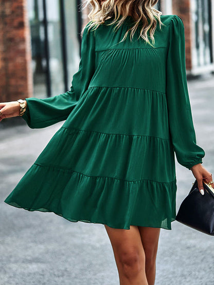 A-Line Bishop Sleeve Elasticity Pleated Solid Color Split-Joint Tied Mock Neck Mini Dresses