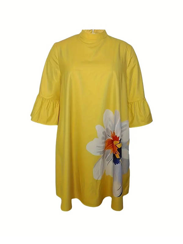 Flared Sleeves Loose Floral Printed Split-Joint High Neck Midi Dresses