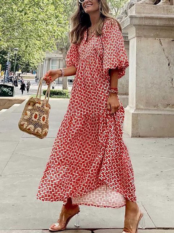 Jewel Neck Maxi Dress 3/4 Length Sleeves Casual Floral Print Long Dress