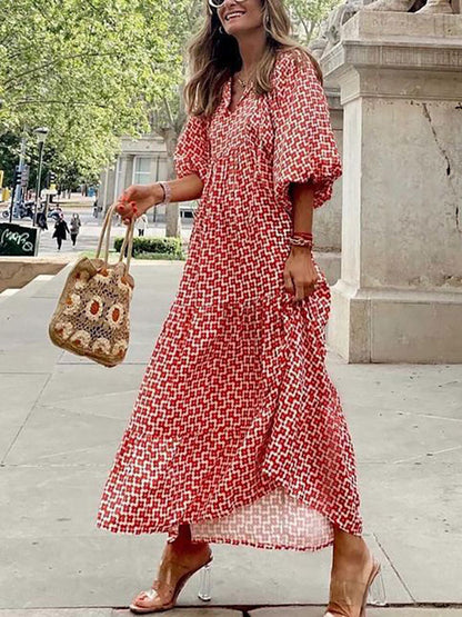 Jewel Neck Maxi Dress 3/4 Length Sleeves Casual Floral Print Long Dress