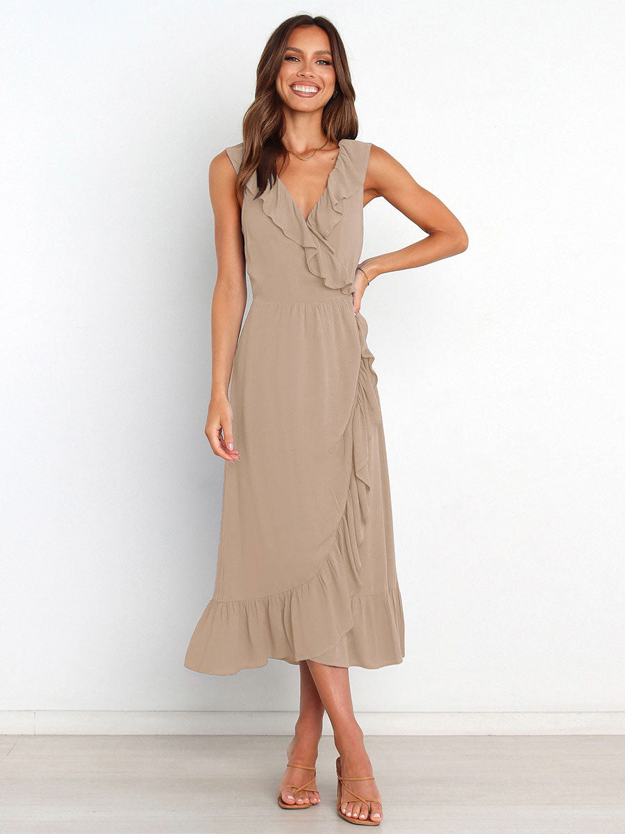 Ruffles Chic V-Neck Sleeveless Midi Dress