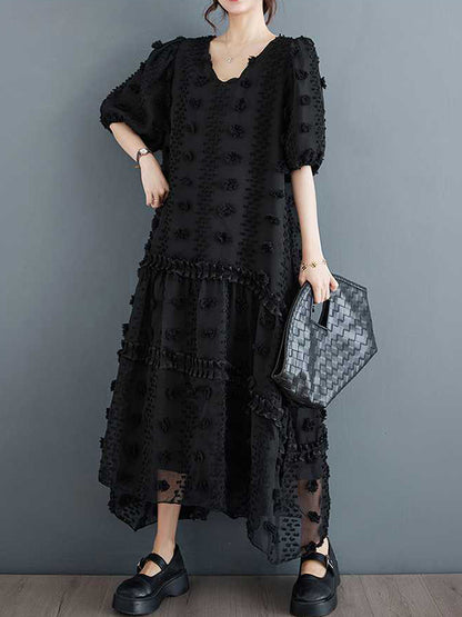 A-Line Half Sleeves Elasticity Jacquard Solid Color Split-Joint V-Neck Midi Dresses