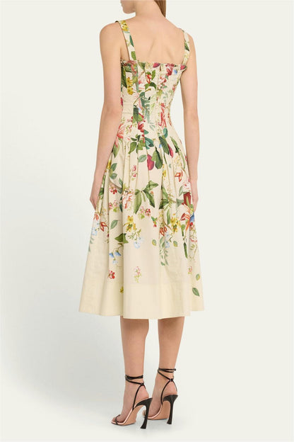Cotton Floral Pleated Midi Dress