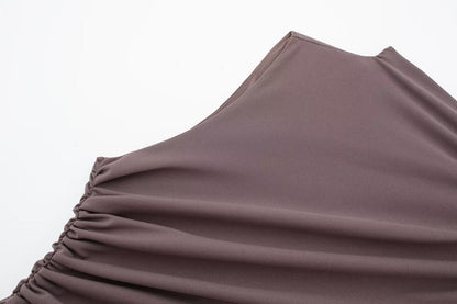 Women Clothing Stand Collar Sleeveless Straight Slim Pleated Decoration Midi Dress