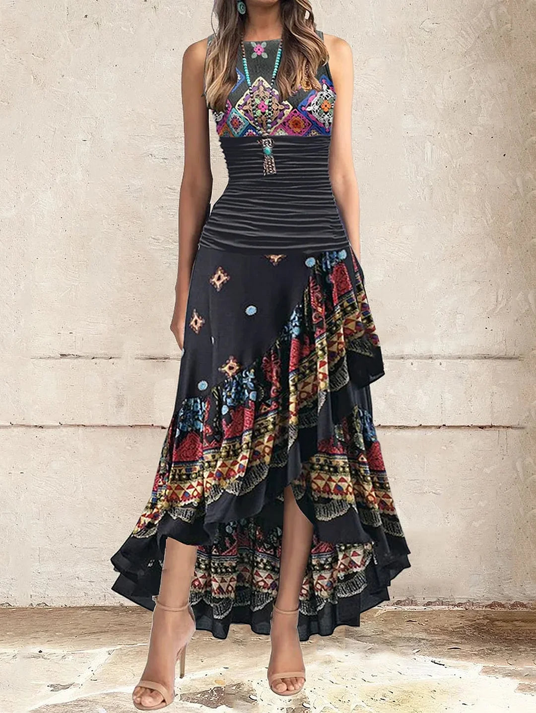 Boho Pattern Irregular Ruffle Hem Maxi Dress Sleeveless