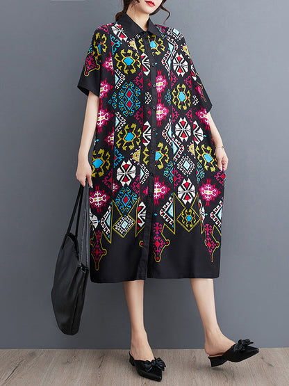 A-Line Loose Buttoned Printed Lapel Midi Dresses