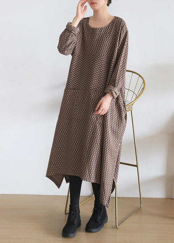 Loose Coffee Colour O-Neck Print Side Open Knit Cotton Maxi Dress Long Sleeve