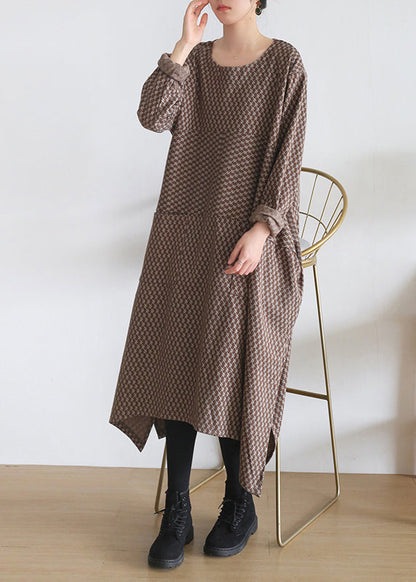 Loose Coffee Colour O-Neck Print Side Open Knit Cotton Maxi Dress Long Sleeve