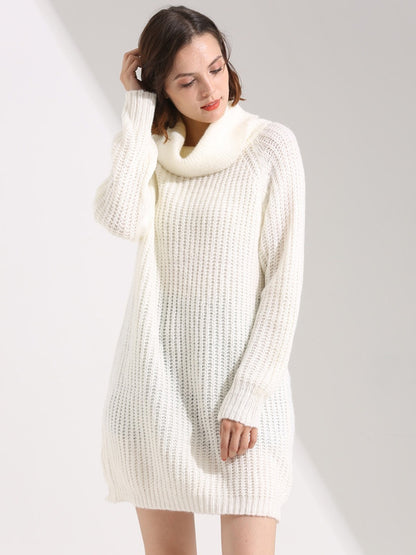 Slouchy Knitted Dress Turtleneck Long Sleeves Ribbed Cuff Mini Dresses
