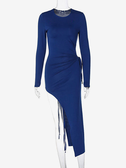 Jewel Neck Midi Dress Long Sleeves Sexy Lace Up Long Dress
