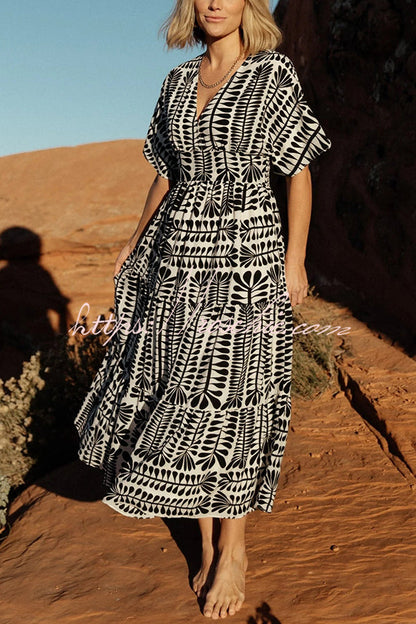 Bohemian Style Unique Printed Short Sleeve High Waist Midi Dress