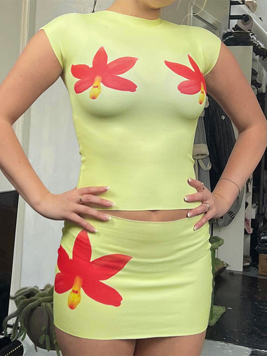 TARUXY Flower Mini Dress Set Women Summer Bodycon O Neck Slim Crop Tops Ladies Beach Sexy Slim Skirt 2 Piece Sets Womens Outfits