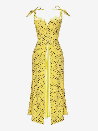 Summer Midi Dress Yellow Straps Neck Bows Polka Dot Beach Dress