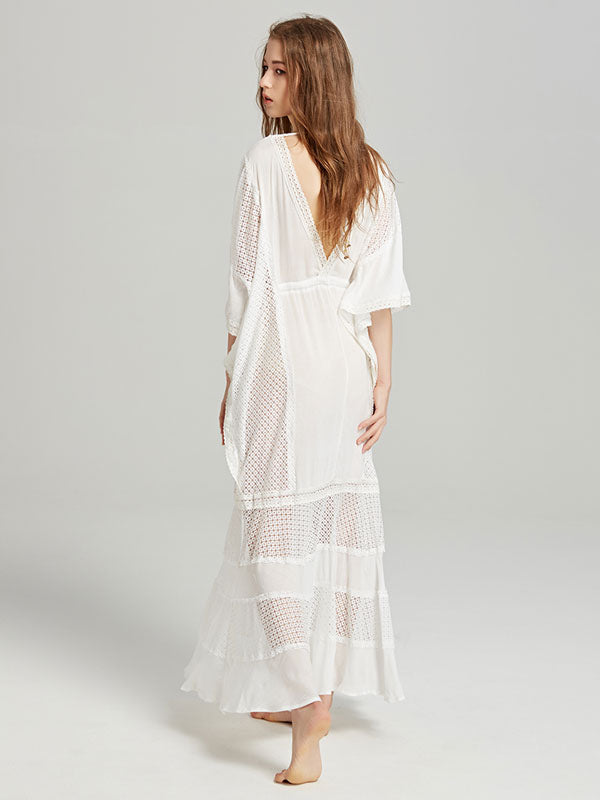 Boho Dress Deep V-Neck White 3/4 Length Sleeves Bohemian Gypsy Beach Vacation Spring Summer Maxi Dress For Women