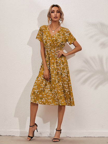 Fashion Casual Small Floral Short-sleeved Midi Dresses