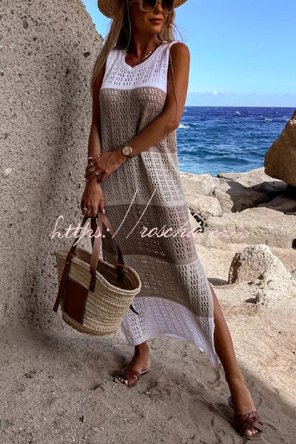Alive and Free Knit Colorblock Hollow Out Slit Beach Midi Dress