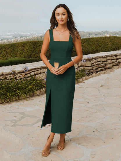Split Front Low-slit Casual Square Neck Sleeveless Midi Dress