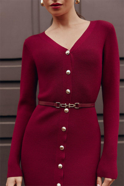 Knit Cable V-neck Solid Mermaid Midi Dress