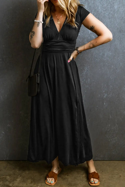 black shirred high waist v neck maxi dress