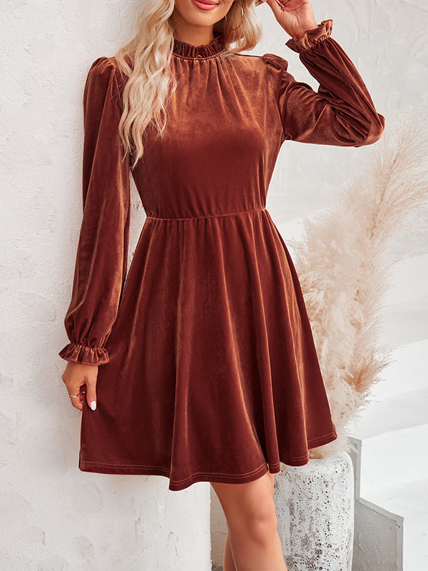 A-Line High Waisted Hollow Ruffled Solid Color Velvet Mock Neck Mini Dresses