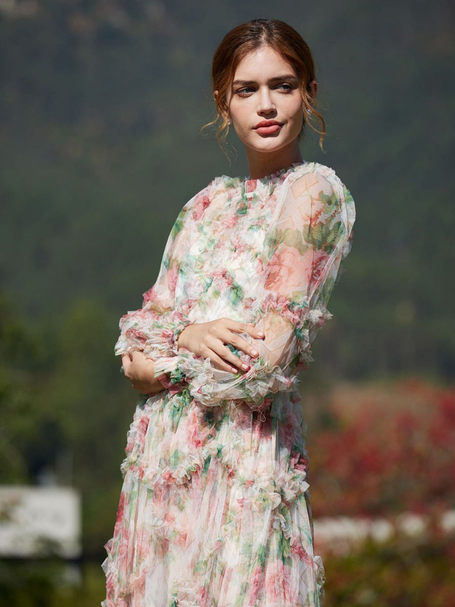 Floral Dress Illusion Neck And Sleeves High Collar Teried Party Maxi Dresses