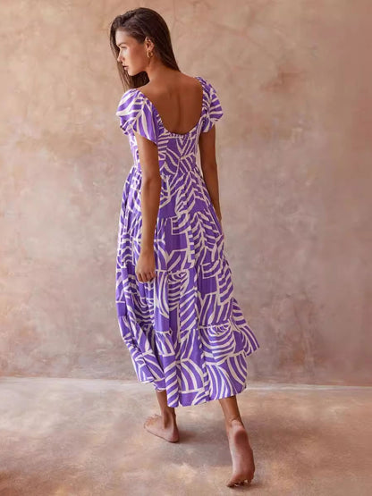 Printed Dress Tiered Cap Sleeves Scoop Neckline Casual Summer Midi Dresses