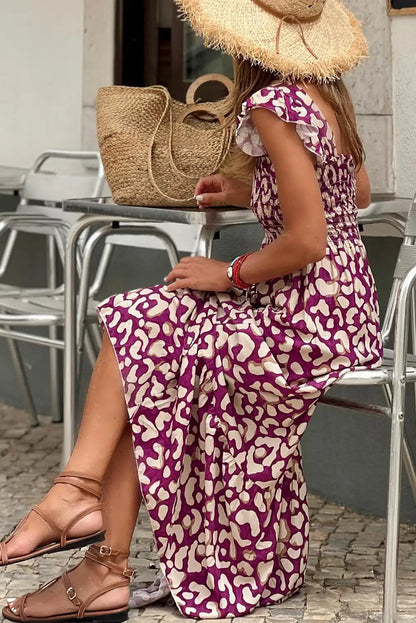 rose leopard ruffle straps maxi dress