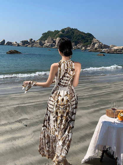 Boho Chic V-Neck Printed Maxi Dress – Elegant Beach Vacation Outfit