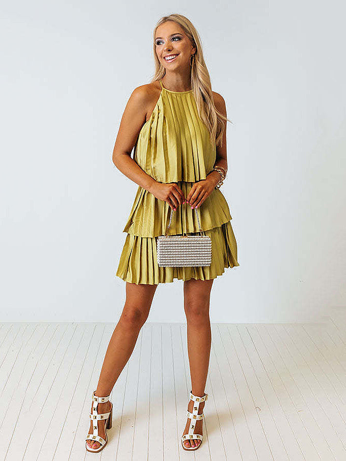 Mini Dresses Pink Sleeveless Pleated Short Dress