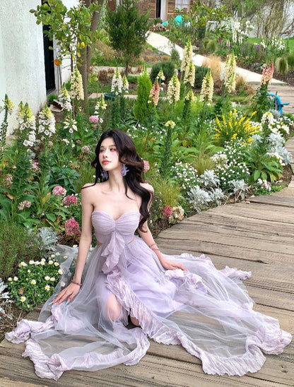 Women's Strapless Purple Tulle Maxi Dress – Summer Beach Vacation Outfit