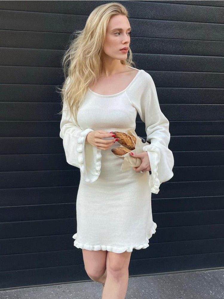 TARUXY Sexy Backless Knitted Mini Dress For Women Lace Up Long Sleeve Solid Short Dresses Hot Girls Club High Waist Dress Femme