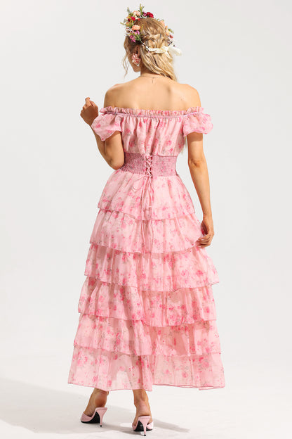 Floral Ruffle Pleated Off-Shoulder Midi Dress Pink