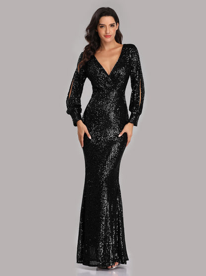 Sequin Party Dresses V-Neck Long Sleeve Birthday Semi Formal Maxi Dress