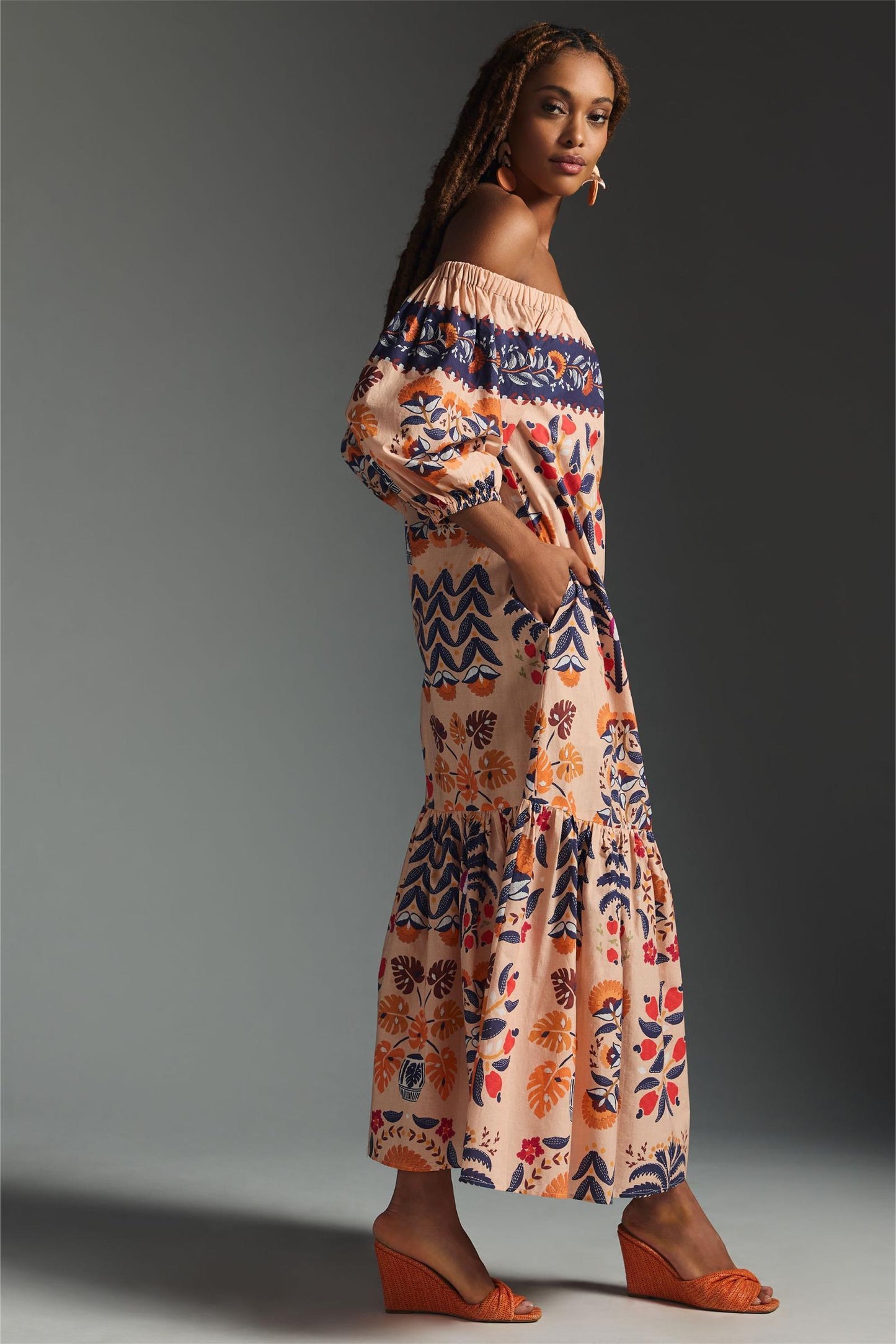 Botanical Print Off-Shoulder Midi Dress