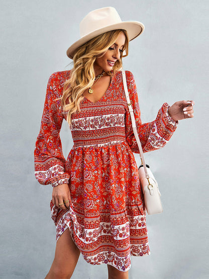 Boho Dress V-Neck Lantern Sleeves Floral Beach Mini Dresses