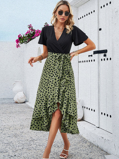 Blue Zone Planet | Contrast V-neck belted ruffle midi dress