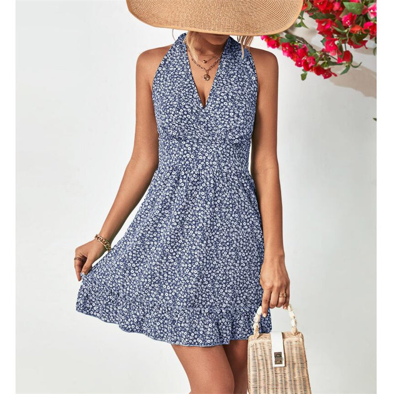 Stylish Halter Neck Open Back Ruffle Mini Dress