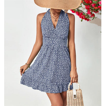 Stylish Halter Neck Open Back Ruffle Mini Dress