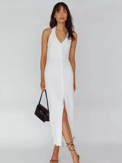Plain Halter Dress Buttons V-Neck Backless Slit Convertible Party Midi Dresses