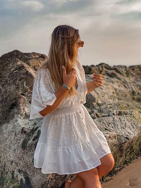 Boho Dress Lace V Neck Batwing White Flare Mini Dress for Women