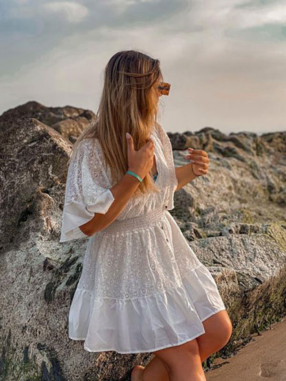 Boho Dress Lace V Neck Batwing White Flare Mini Dress for Women