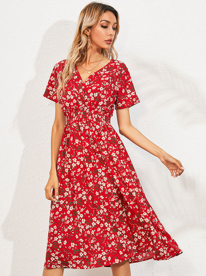 Midi Dress V-Neck Short Sleeves Floral Printed   Chic Summer Dress